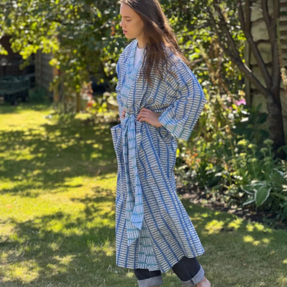 ✨SV✨ Lime Tree Design UK Cotton Kimono Robe - Blue & Turquoise Fish print